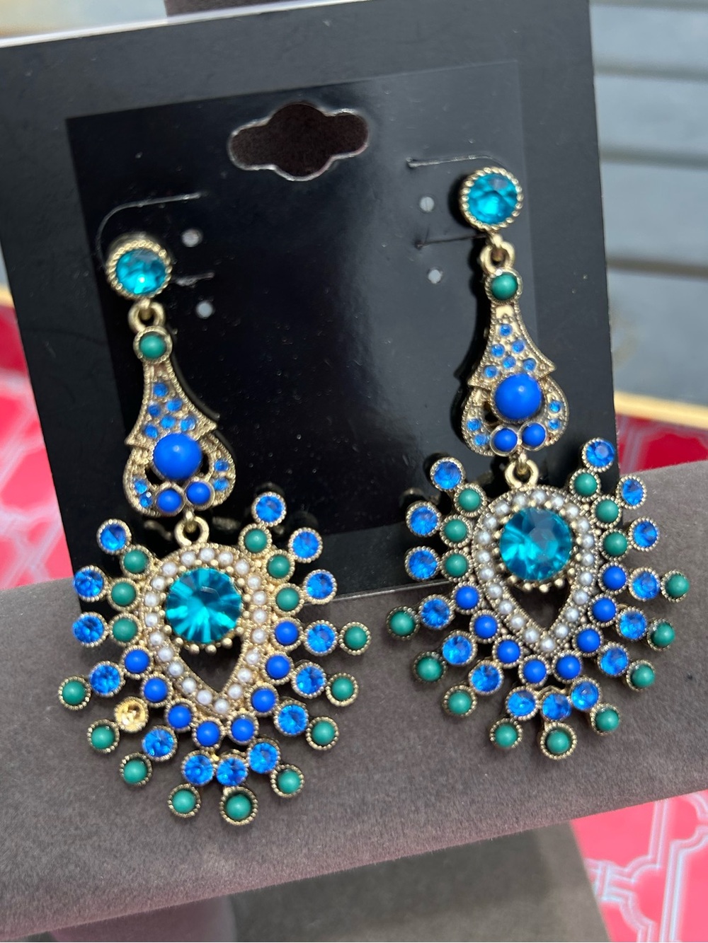 Boho Statement Dangle Earrings Blue & Green Rhinestone Gold-Tone